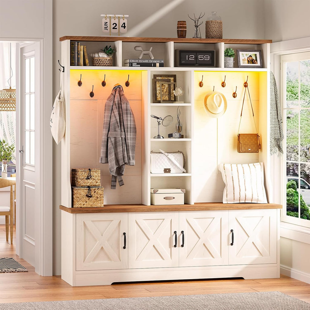 CSZZD Hall Tree with Bench and Shoe Storage, Farmhouse Entryway Bench with Coat Racks and Led Lights, Large Hall Tree with 12 Coat Hooks, 8 Storage Cubbies, Adjustable Shelf