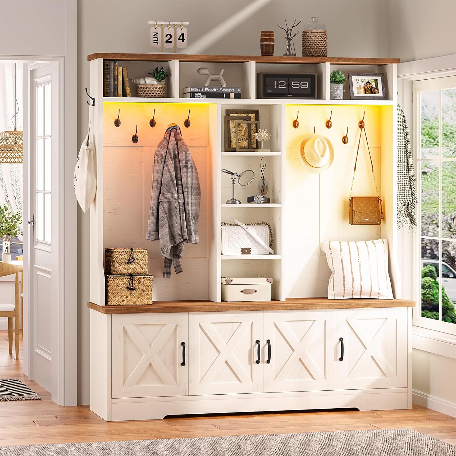 CSZZD Hall Tree with Bench and Shoe Storage, Farmhouse Entryway Bench with Coat Racks and Led Lights, Large Hall Tree with 12 Coat Hooks, 8 Storage Cubbies, Adjustable Shelf