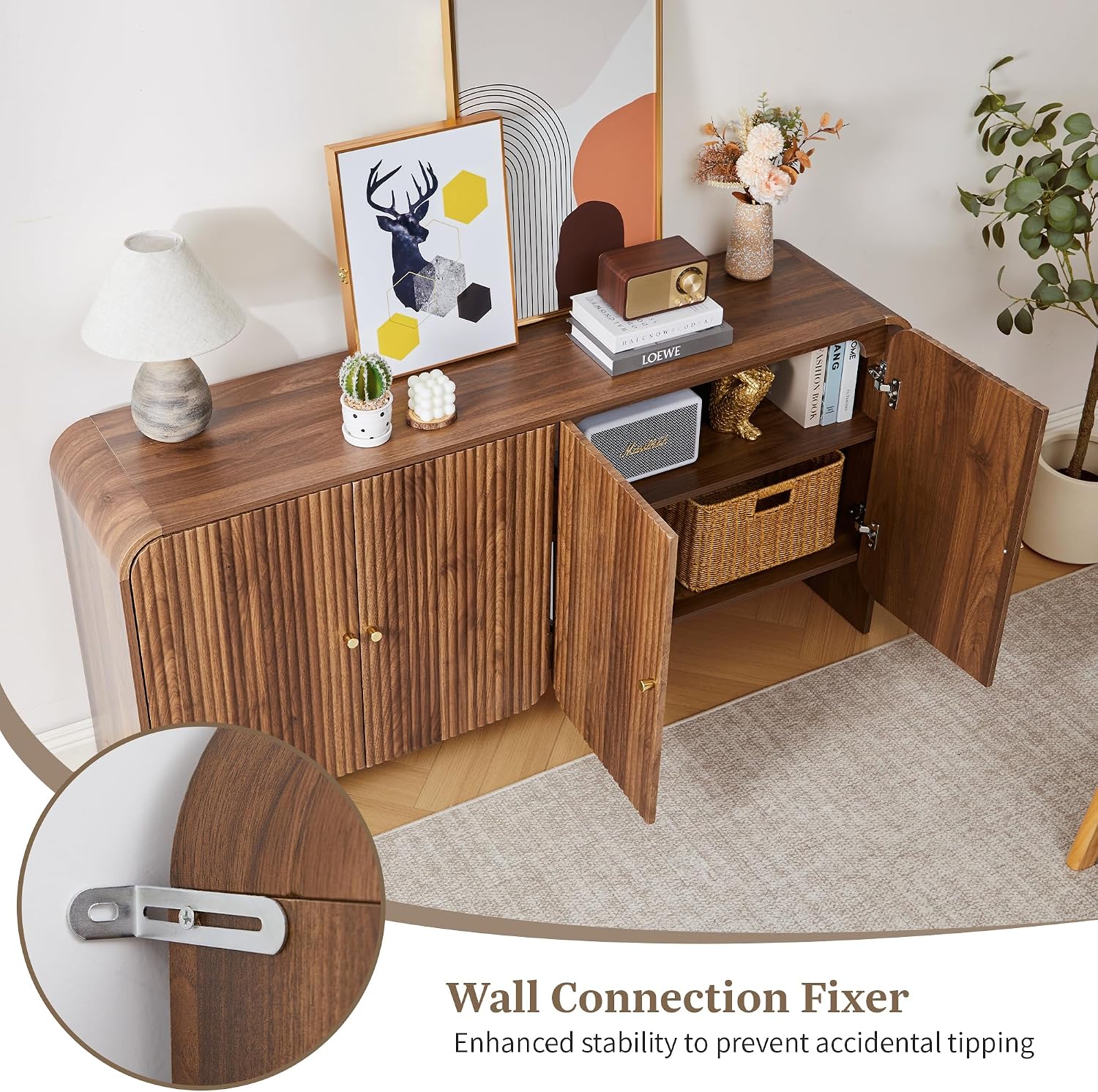 59” Large Buffets Sideboard Cabinet with Storage, Fluted Curved Credenza Buffet Table Storage Cabinet with 4 Doors, Modern Wood Accent Console Table Coffee Bar for Living Room Kitchen Hallway, Walnut