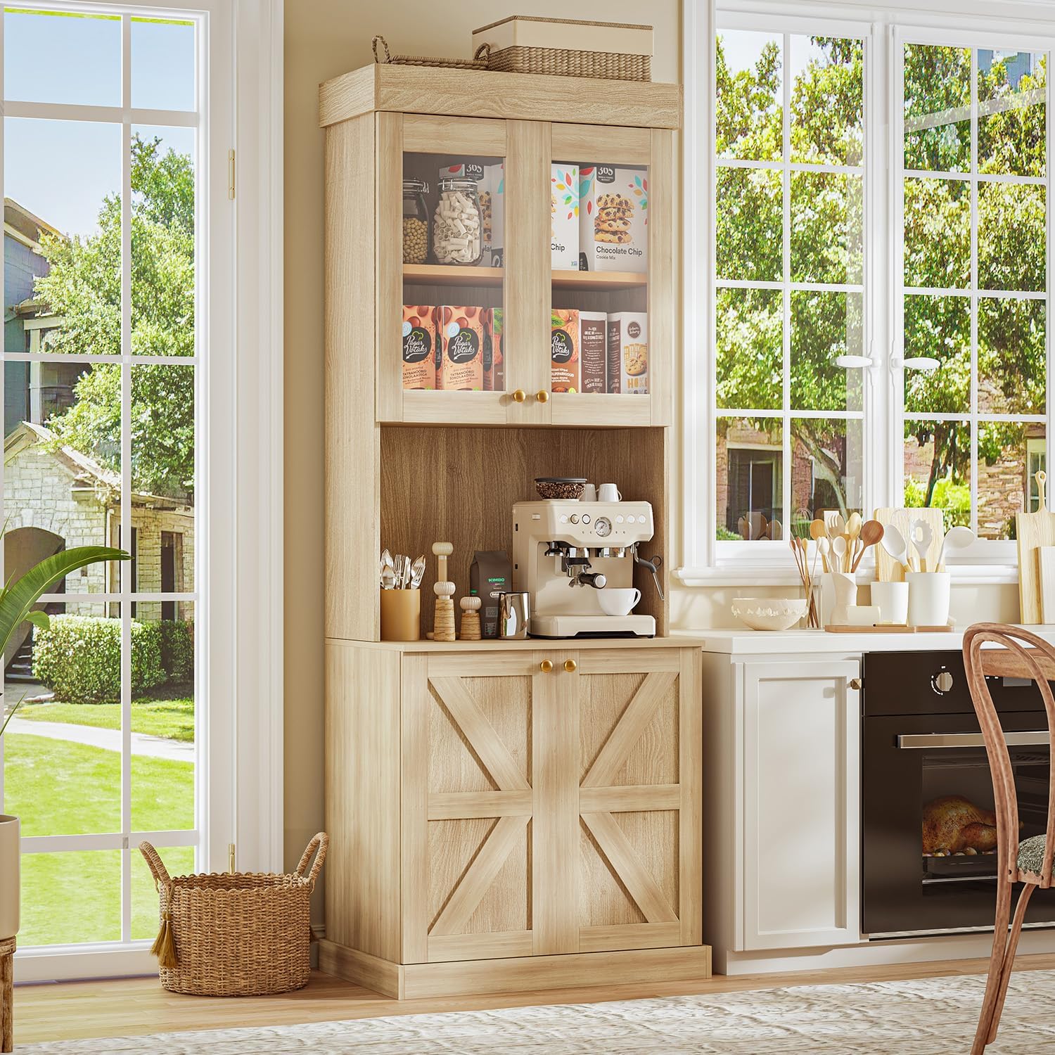 ivaniti 71" Tall Farmhouse Kitchen Pantry, Large Storage Cabinet with Glass Doors, Freestanding Coffee Bar Hutch with Microwave Stand, Adjustable Shelves for Kitchen, Living Room, Brown 4 Pcs