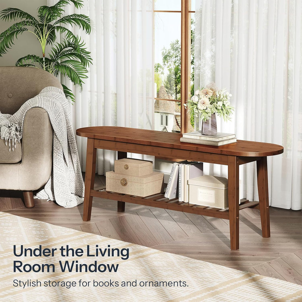 HOOBRO Dining Bench, 2-Tier Bamboo Farmhouse Entryway Bench, Indoor Storage Wooden Bench for Living Room, Dining Room, Hallway, Bedroom, Entryway, Bathroom, Brown BR06CD01