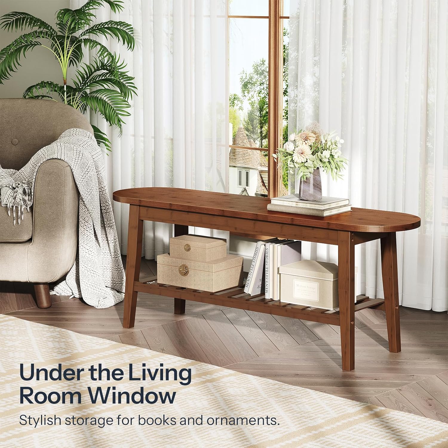 HOOBRO Dining Bench, 2-Tier Bamboo Farmhouse Entryway Bench, Indoor Storage Wooden Bench for Living Room, Dining Room, Hallway, Bedroom, Entryway, Bathroom, Brown BR06CD01