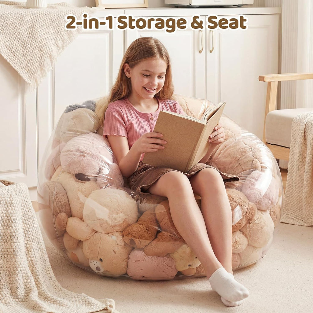 Stuffed Animal Bean Bag Storage, 37.01 x 38.19 Inch Transparent Plush Storage Chair, Heavy-Duty 0.35mm PVC Waterproof Organizer with 330lbs Capacity for Home Indoor Use
