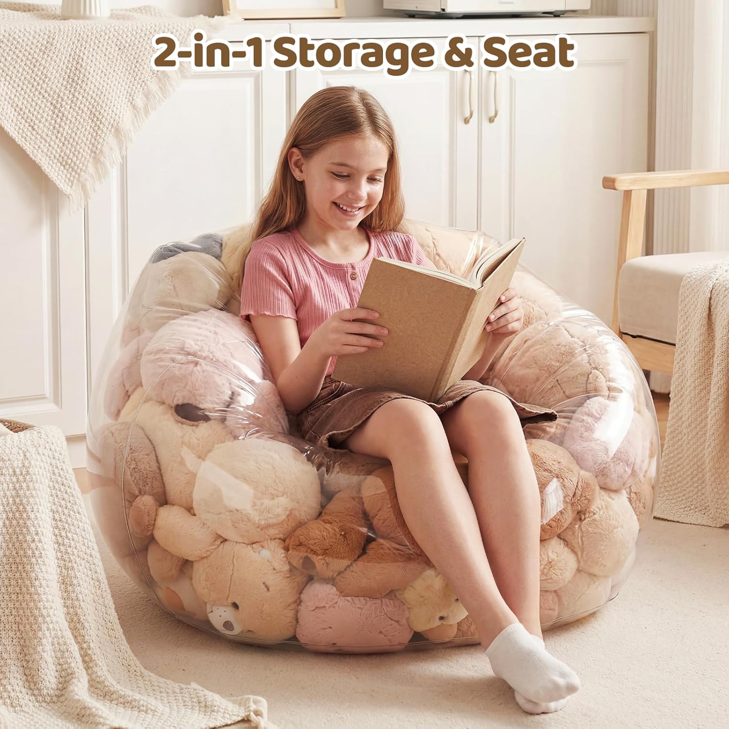 Stuffed Animal Bean Bag Storage, 37.01 x 38.19 Inch Transparent Plush Storage Chair, Heavy-Duty 0.35mm PVC Waterproof Organizer with 330lbs Capacity for Home Indoor Use