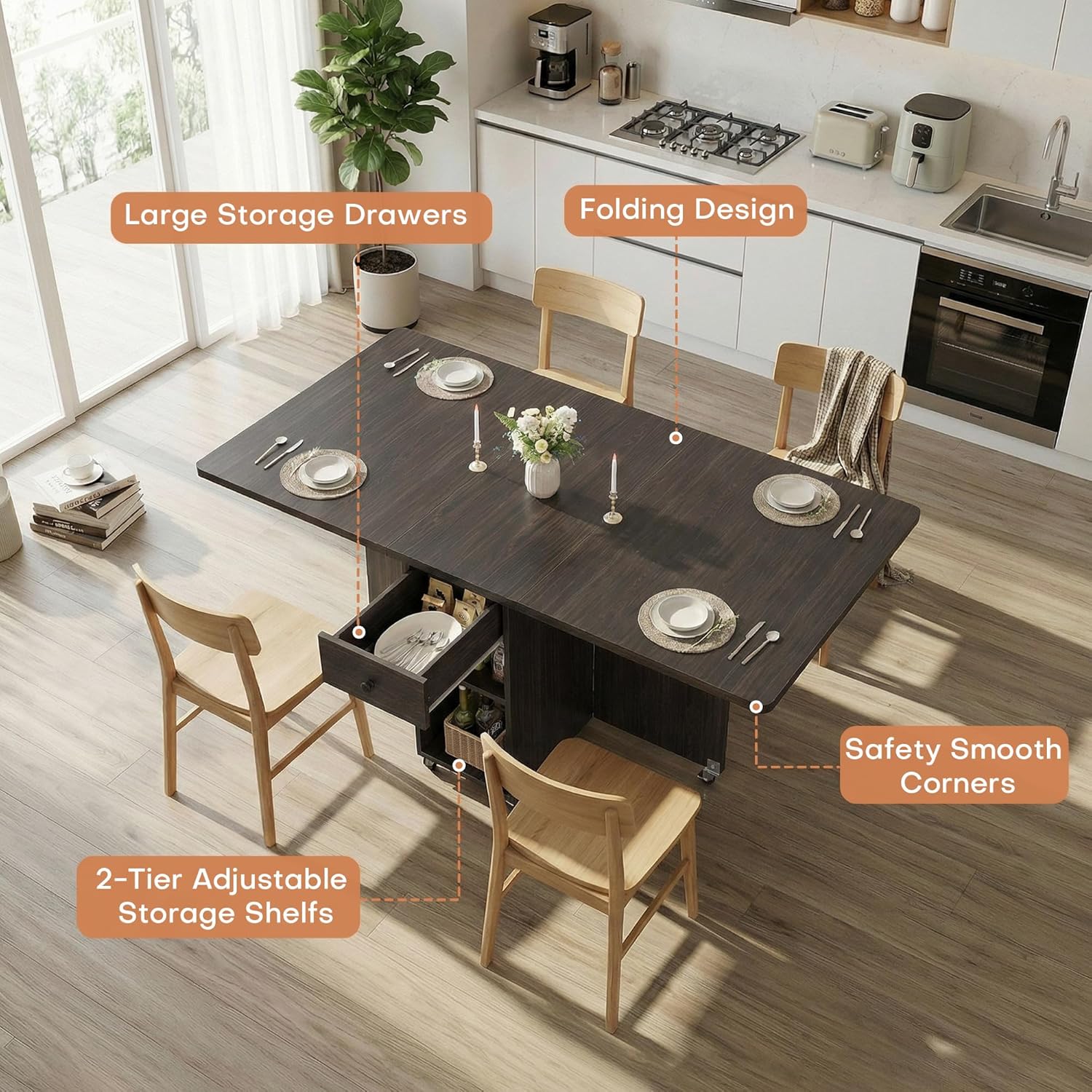 Jocoevol Space Saving Folding Dining Table for 4, Foldable Dining Table with Drawer and Storage Shelf, 6 Wheels Drop Leaf Kitchen Dining Room Table for Small Space (Walnut, 47.2" x 23.6" x 29.9")