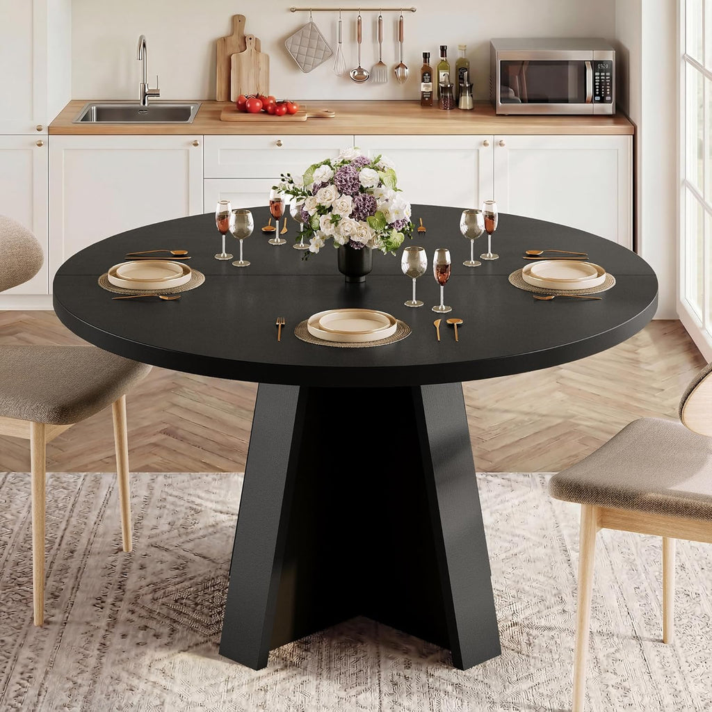 iPormis 47 Inches Round Dining Table for 4-6 People, Modern Wooden Kitchen Table for Dining Room, Farmhouse Circle Dinner Tables Furniture for Kitchen Living Room, Black
