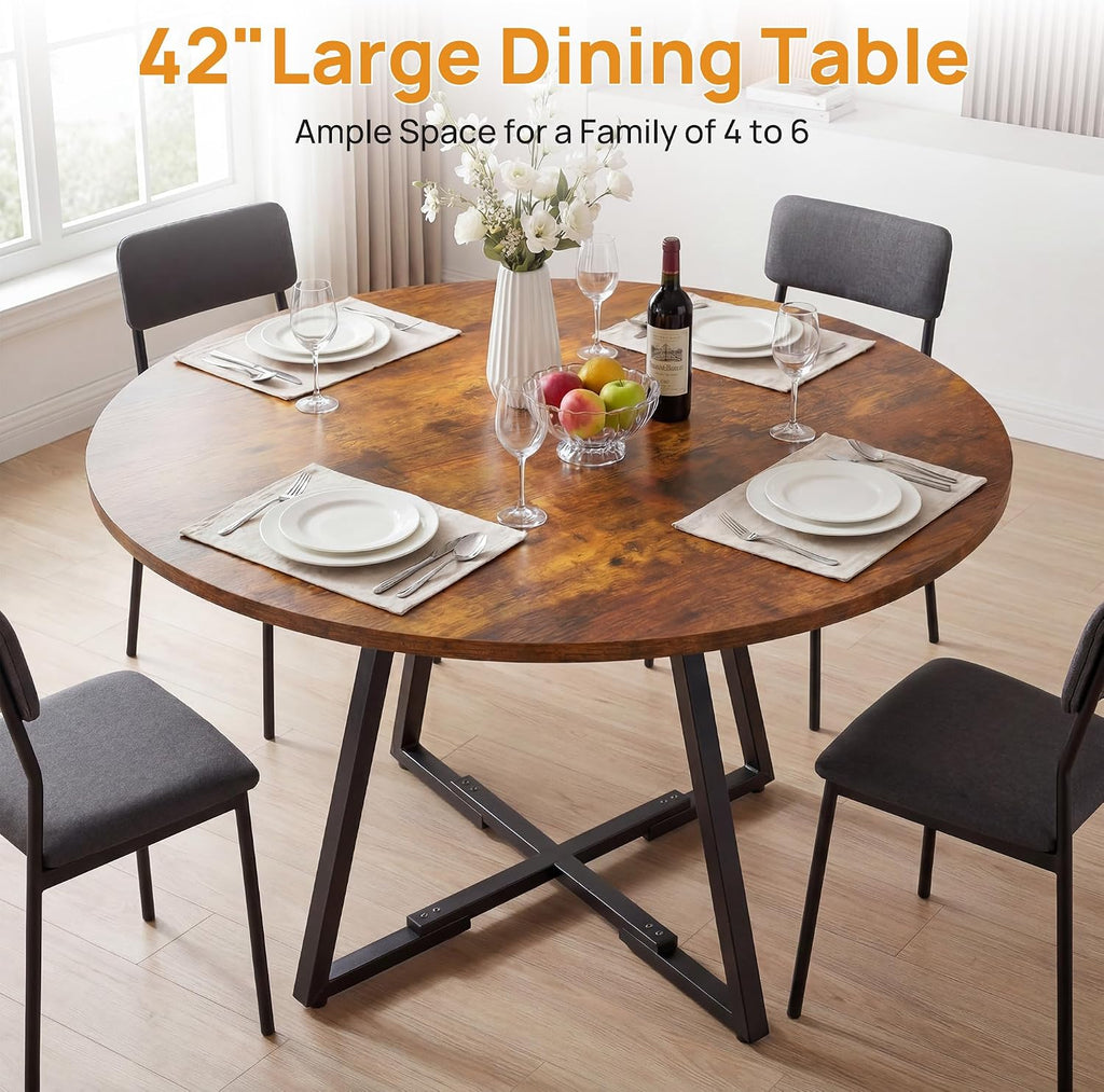 Alpen 42" Round Dining Table for 4-6, Farmhouse Kitchen Table with Storage Shelf, Wood Circle Table with Pedestal Metal Frame, Small Space Table for Apartment, Dining Room, Vintage Brown