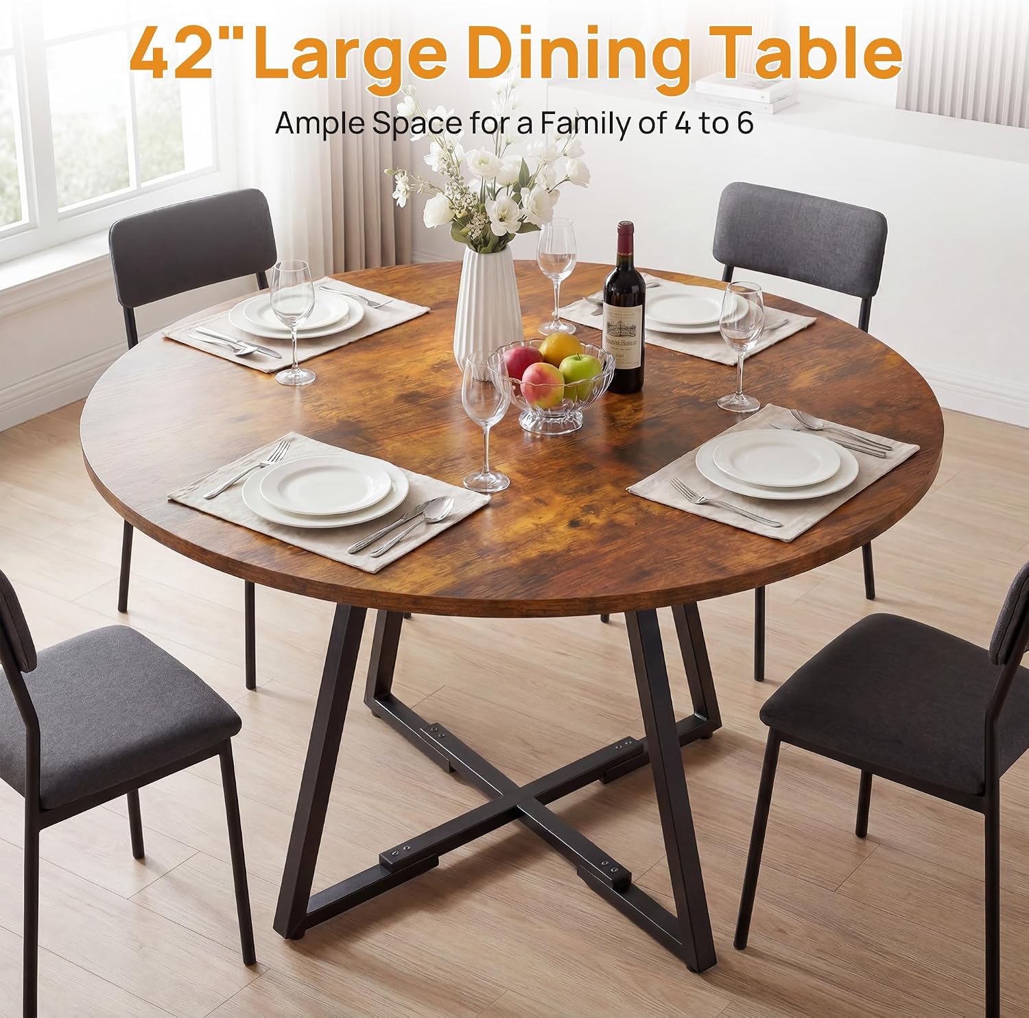 Alpen 42" Round Dining Table for 4-6, Farmhouse Kitchen Table with Storage Shelf, Wood Circle Table with Pedestal Metal Frame, Small Space Table for Apartment, Dining Room, Vintage Brown