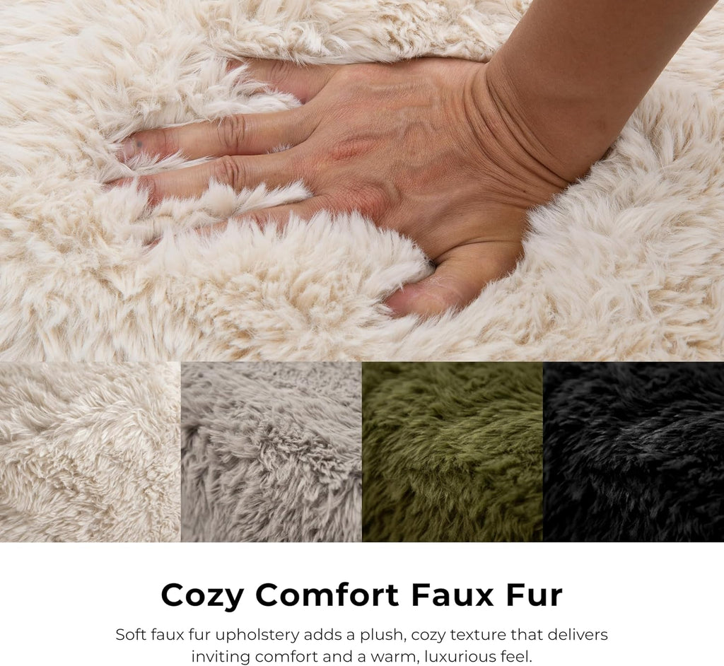 Furniture of America Havyn Modern Faux Fur 1-Seater Square Modular Foam Ottoman, Compressed Couch in a Box, No Assembly Required, for Living Room and Office, Sand