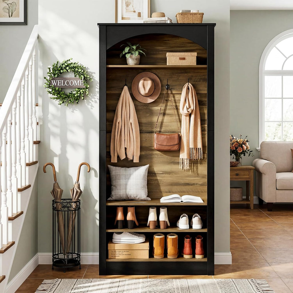 Tribesigns 74.8" Hall Tree with Shoe Storage, 3-Tier Narrow Shoe Rack with Coat Rack, Farmhouse Hall Tree with 4 Double Coat Hooks for Entryway, Hallway, Black and Brown