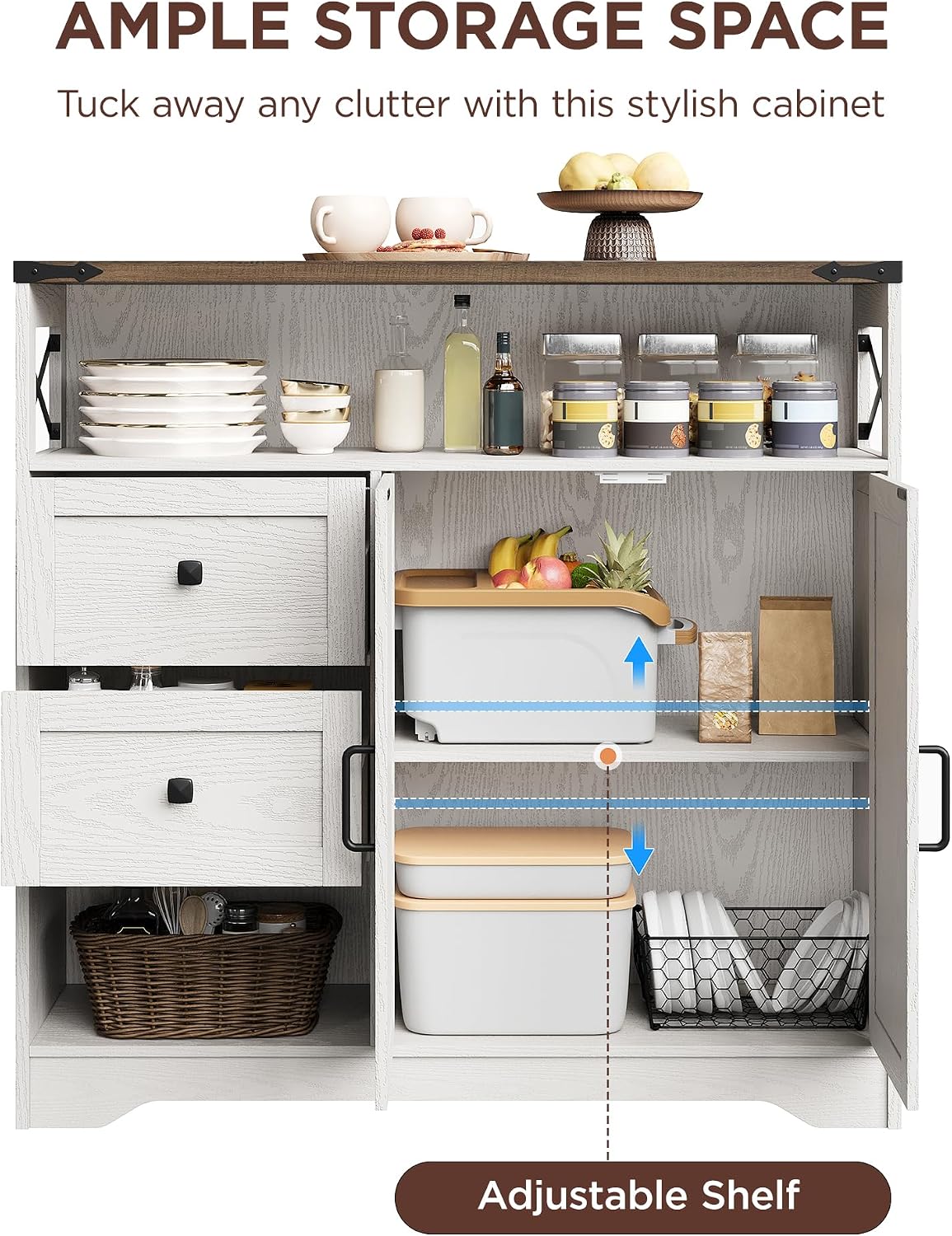 Vabches Farmhouse Buffet Sideboard Cabinet with Drawers and Open Shelf, 38.5" Storage Cabinet with Adjustable Shelves and Door, Modern Coffee Bar Hutch Pantry for Kitchen, Living Room, Entryway, White