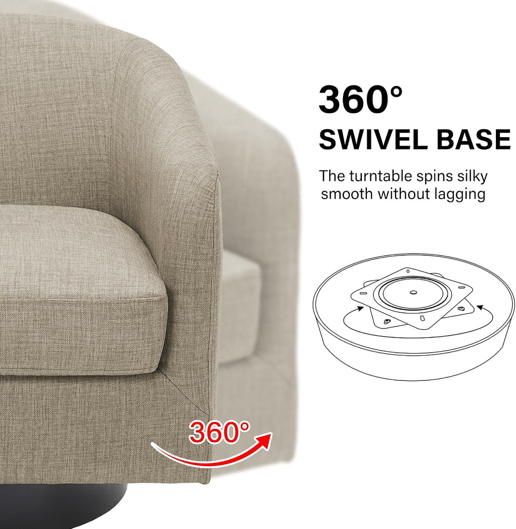 Swivel Barrel Accent Chair, Comfy Reading Armchair, Light Brown, Set of 2 | Club Chairs for Adults, Low-Back Design, Modern Round Style, Solid Wood Frame & Metal Swivel Base, For Living Room & Bedroom