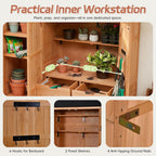 Merax Potting Bench with Waterproof Roof, Patio Garden Shed with 3 Doors Storage Cabinet with Workstation, 7 Storage Shelves, 2 Drawers and 6 Hooks for Backyard, Natural