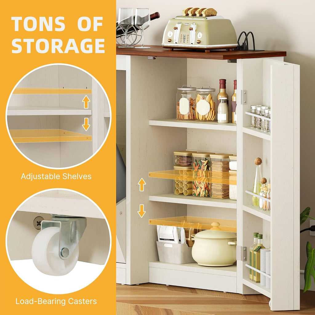 DWVO Rustic Kitchen Island with Power Strip, Farmhouse Kitchen Storage Island with 2 Tilt-Out Doors for 13 Gallon Bins, Adjustable Shelf