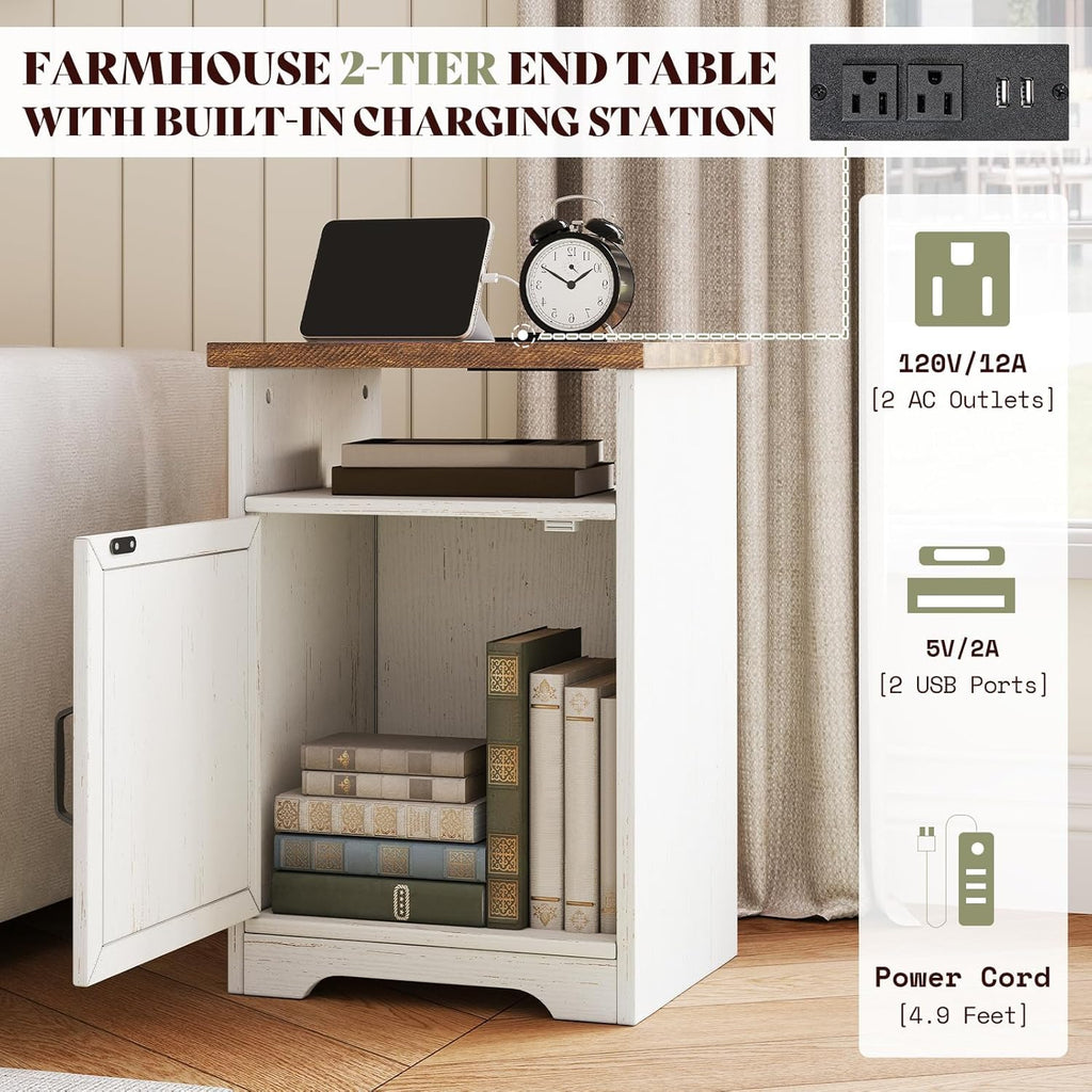 AMERLIFE 3-Piece Farmhouse Living Room Table Set with Coffee Table & 2 End Tables, Charging Station & USB Ports, Distressed White