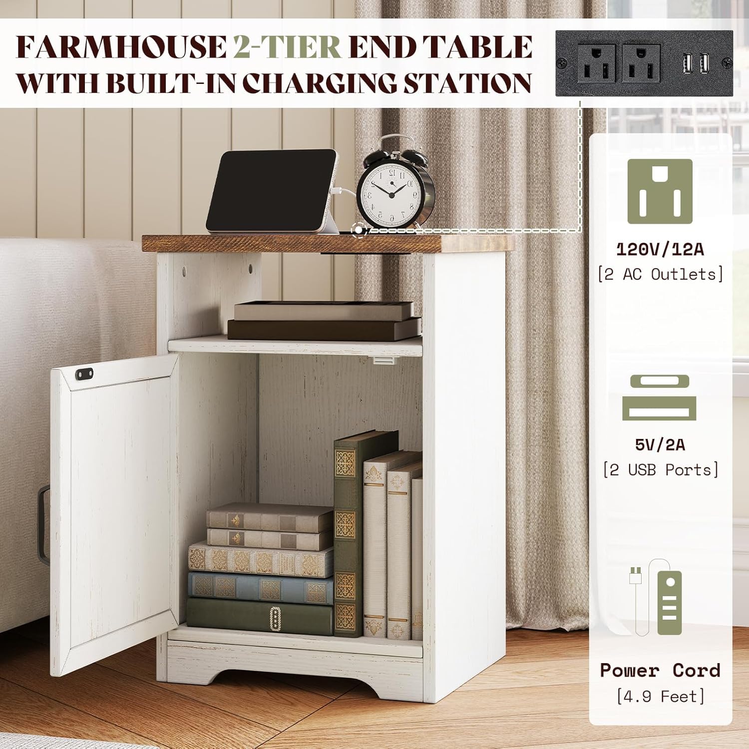 AMERLIFE 3-Piece Farmhouse Living Room Table Set with Coffee Table & 2 End Tables, Charging Station & USB Ports, Distressed White