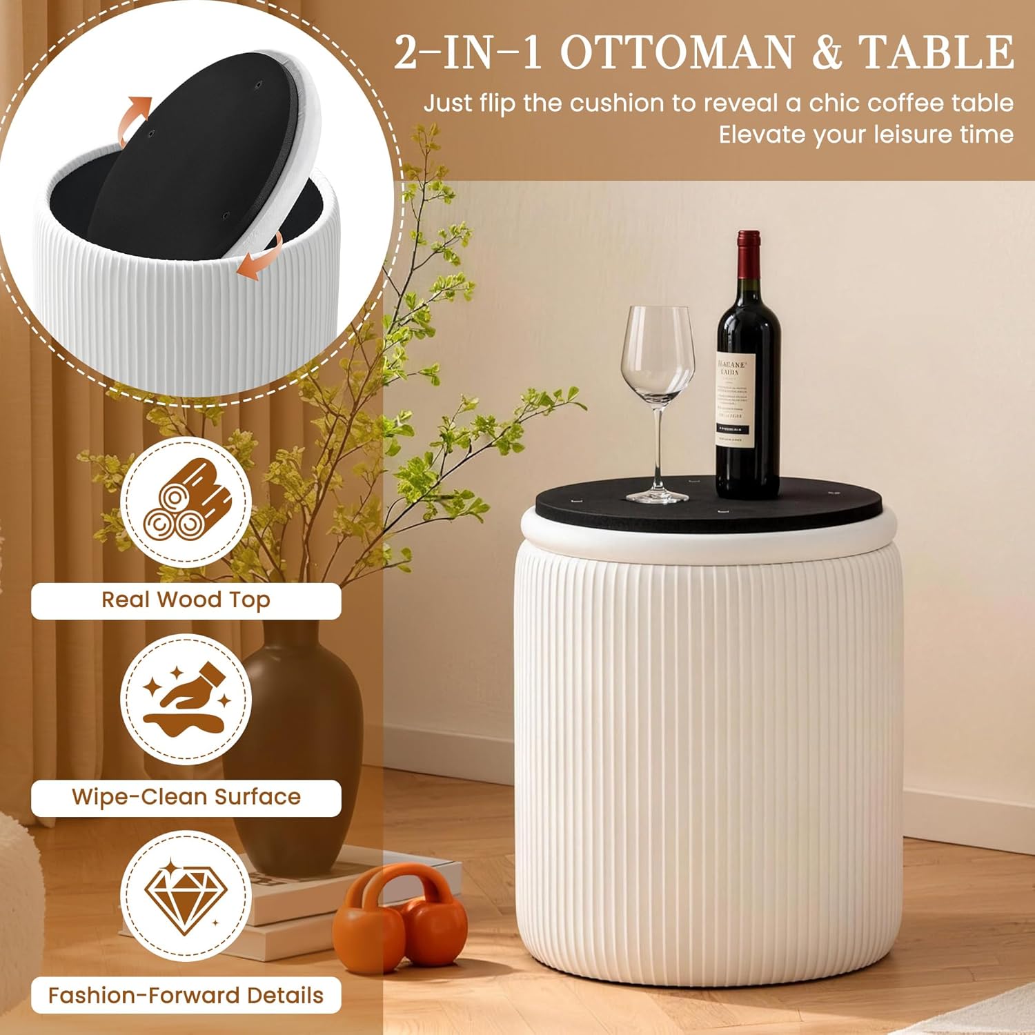 White Vanity Stool Set of 2 - Round Storage Ottoman with Lid, Velvet Footrest Pouf for Makeup Room & Living Room, Multi-Use Small Chair with Hidden Storage（White）
