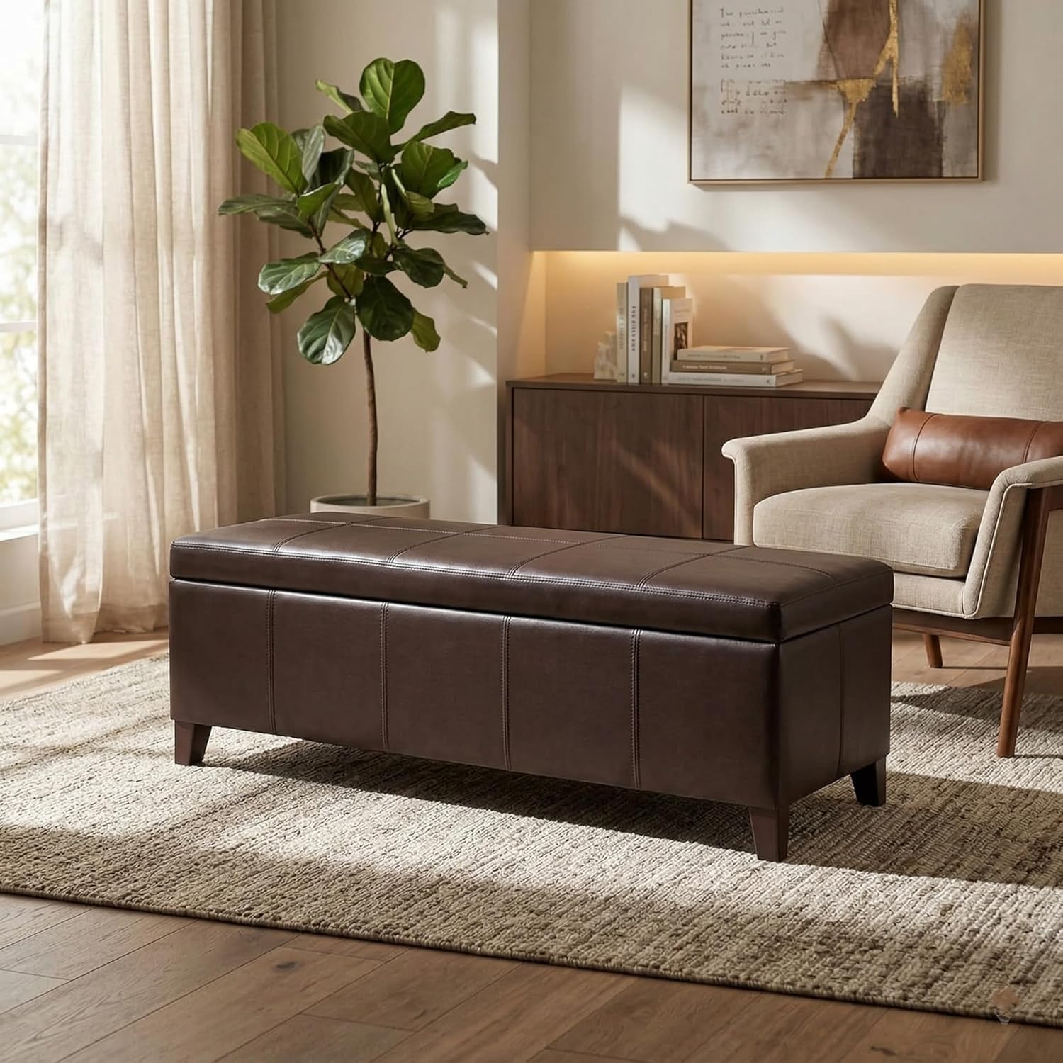 51 Inch Storage Ottoman Bench, Faux Leather Foot Rest with Hinged Lid, Long Rectangle Bed Bench for Living Room, Bedroom, Entryway, Coffee Brown