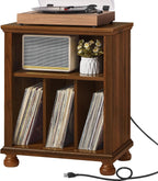 Joaxswe Record Player Stand with Charging Station Up to 200 Albums, 24" Wide Mid-Century Record Player Table with Vinyl Record Storage,Large Wood Turntable Stand Dispaly Cabinet for Living Room,Brown