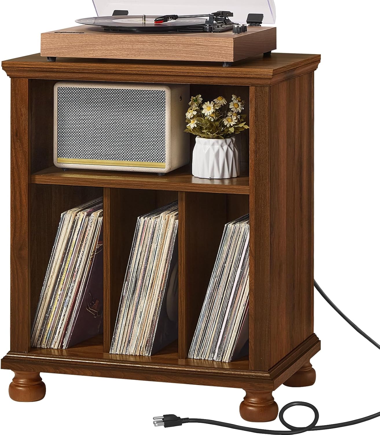 Joaxswe Record Player Stand with Charging Station Up to 200 Albums, 24" Wide Mid-Century Record Player Table with Vinyl Record Storage,Large Wood Turntable Stand Dispaly Cabinet for Living Room,Brown