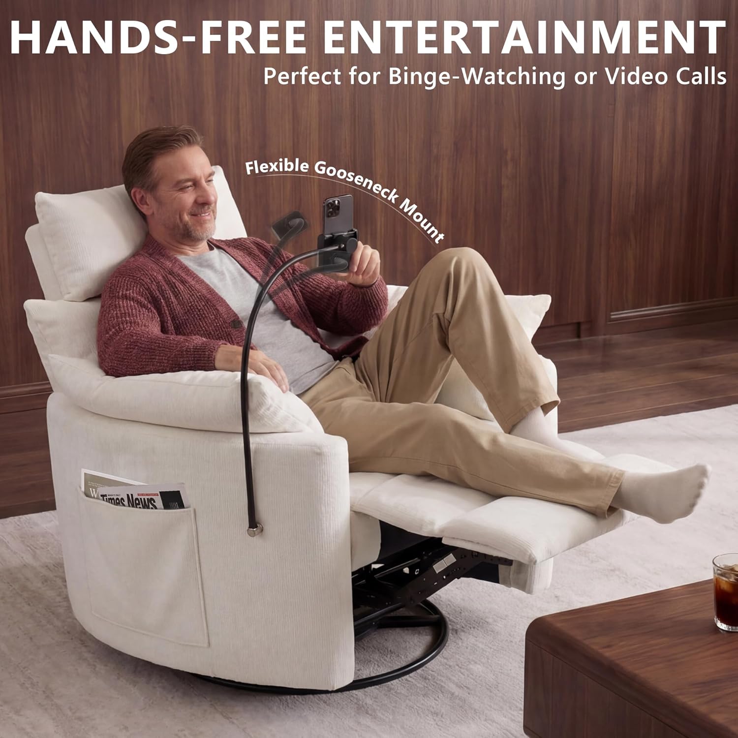 Chenille Nursery Rocking Chairs Recliner, Manual, White | 4" Height and 55° Angle Adjustable Headrest, 360° Silent Swivel, Glider, Phone Holder, 2 Side Pockets, 2 Pillows, 400LBS