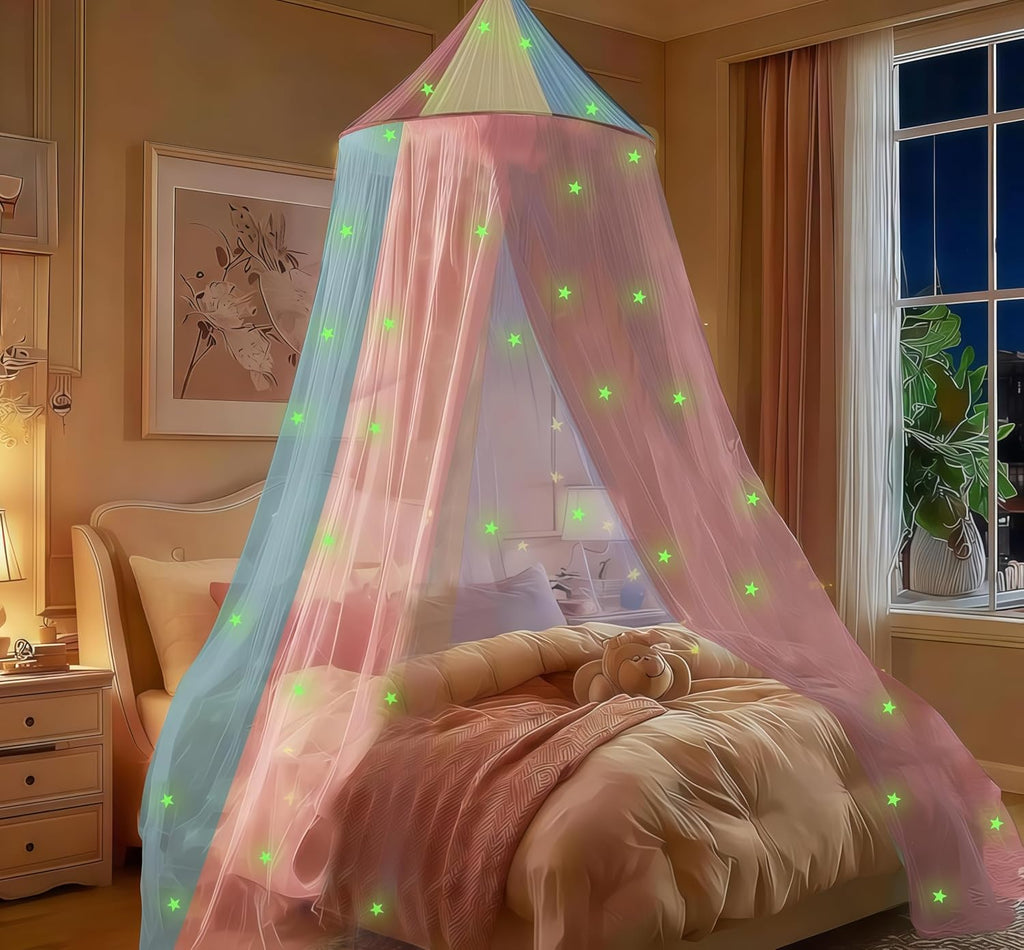 Princess Rainbow Bed Canopy for Girls with Glow-in-the-Dark Stars, Colorful Canopy Net Fits Most Single, Twin, Full and Queen Size Bed, Bedroom Accessories