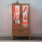 Lighted Curio Cabinet, Glass Display Cabinet, Light Oak Display Cabinet with Mirrored Back, Adjustable Shelves, 2 Glass Doors, 1 Drawer, 47.44 Inch High