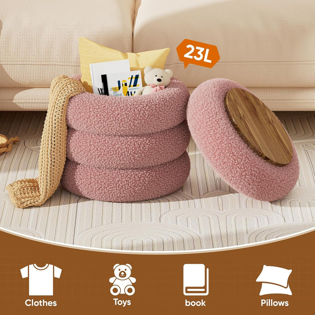 Soft Teddy Round Ottoman with Tray, 17.5 Inches Ottoman Coffee Table with Storage for Living Room, Vanity Stool with Storage Bedroom, Load up to 300 lb, No Assembly Required (Dusty Pink)