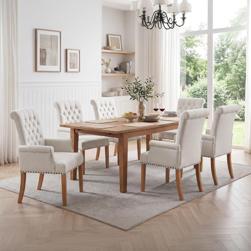 Upholstered Dining Chairs, Modern Fabric Dining Room Chairs with Arms, Tufted High Back Armchair with Solid Wood Legs for Dining Living Room, Kitchen, Beige