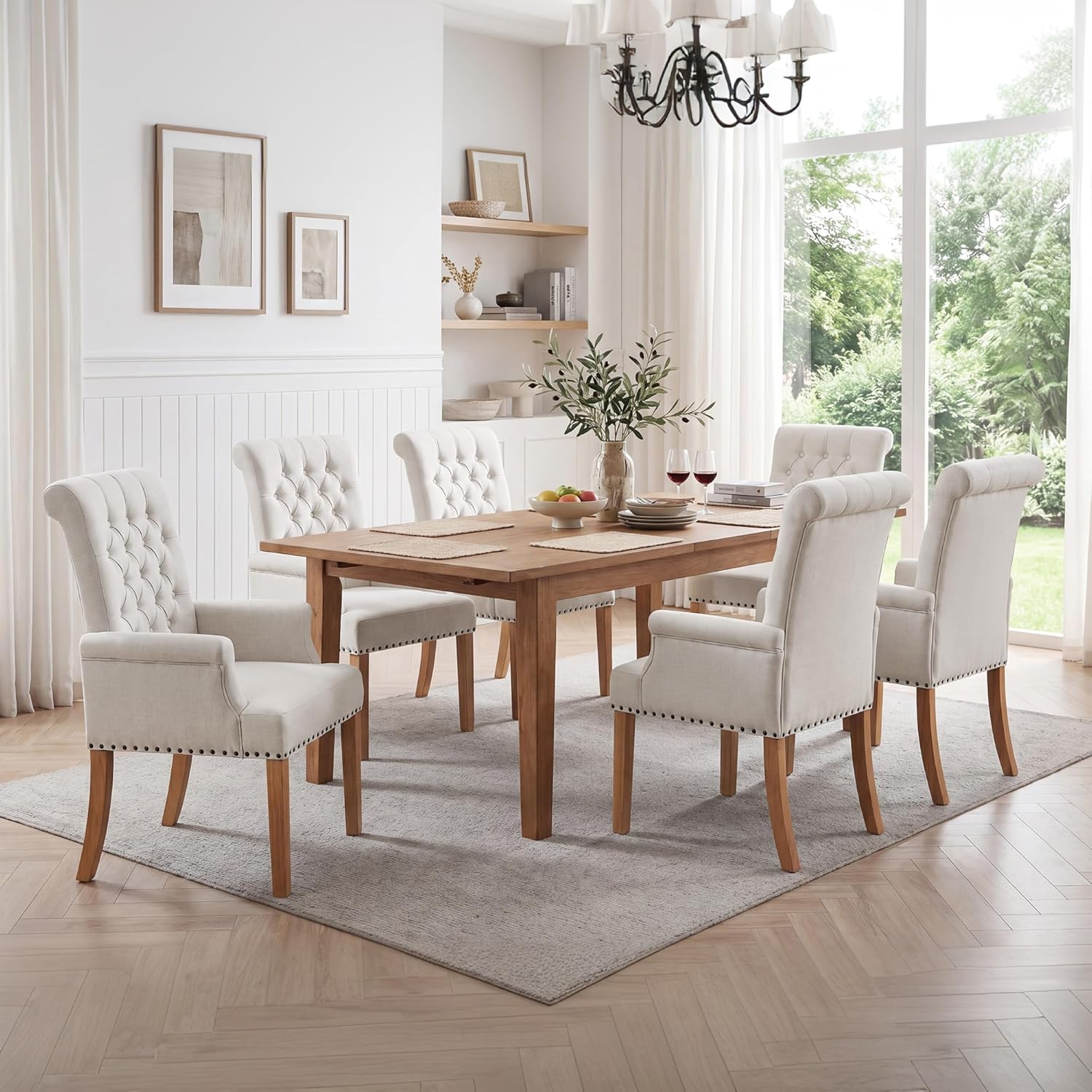 Upholstered Dining Chairs, Modern Fabric Dining Room Chairs with Arms, Tufted High Back Armchair with Solid Wood Legs for Dining Living Room, Kitchen, Beige