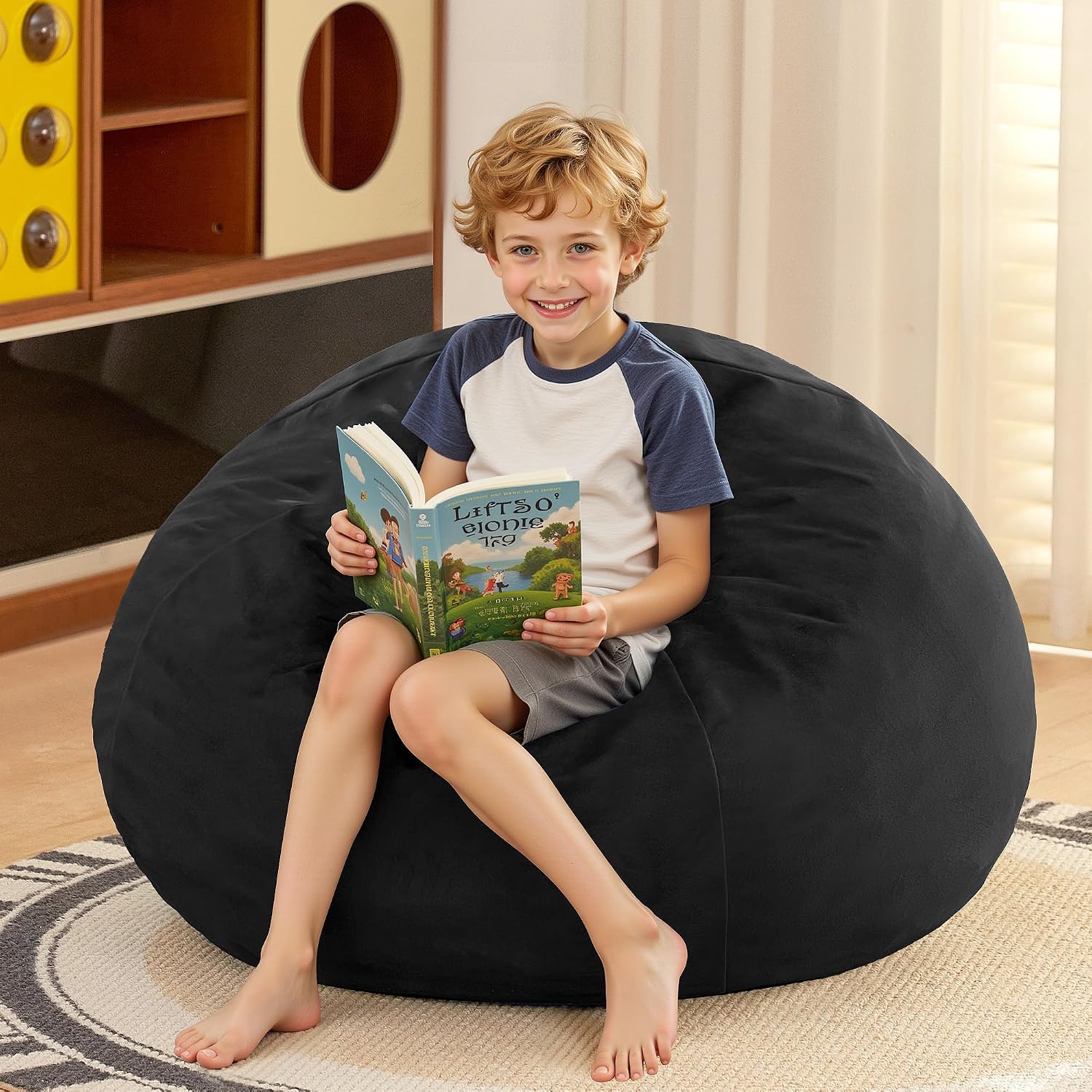 HABUTWAY 2FT Bean Bag Chair, 2' Beanbags Small Bean Bag Chairs with Filling, Teardrop Bean Bag Chair Luxurious Velvet Ultra Soft Fur with Removable Cover (Black)