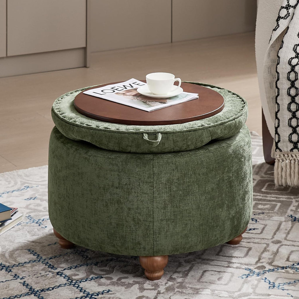 WUTUTUEE 24Inch Round Storage Ottoman with Tray, Modern Tufted Circle Coffee Table with Storage, Upholstered Ottoman with Removable Top for Living Room, Bedroom, Chenille Green