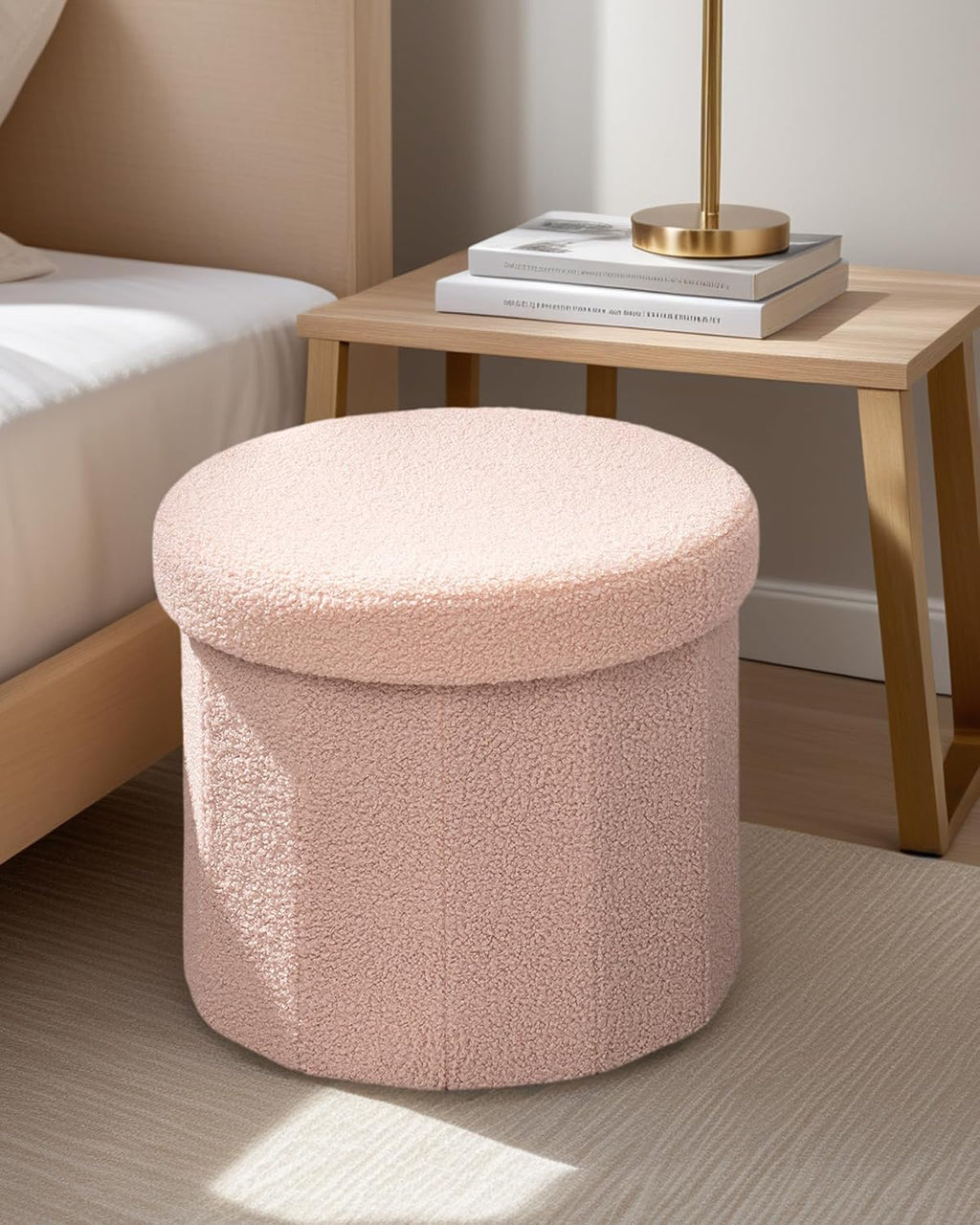 Round Boucle Storage Ottoman, 15" Small Upholstered Footstool with Storage, Compact Teddy Ottoman Footrest for Living Room, Bedroom, Dorm, Pink