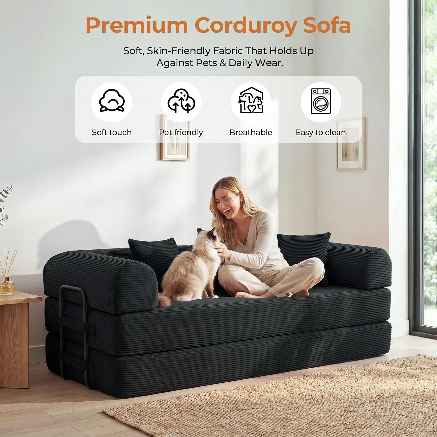 79'' Convertible Sofa Bed, 5-in-1 Folding Boneless Couch, Pull Out Floor Sleeper, Modular Lounge Sofa for Living Room Bedroom, Multi-Function Foldable Sofa (Black)