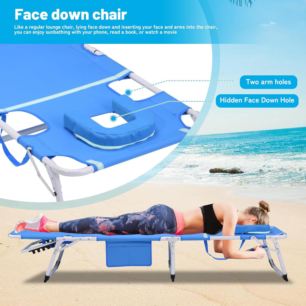 3 in 1 Heavy Duty Tanning Chair with Face Hole, Outside Portable Lay Flat Beach Lounge Chair, 5 Position Folding Chaise Lounge Chairs for Beach, Pool, Lawn, Patio, Blue
