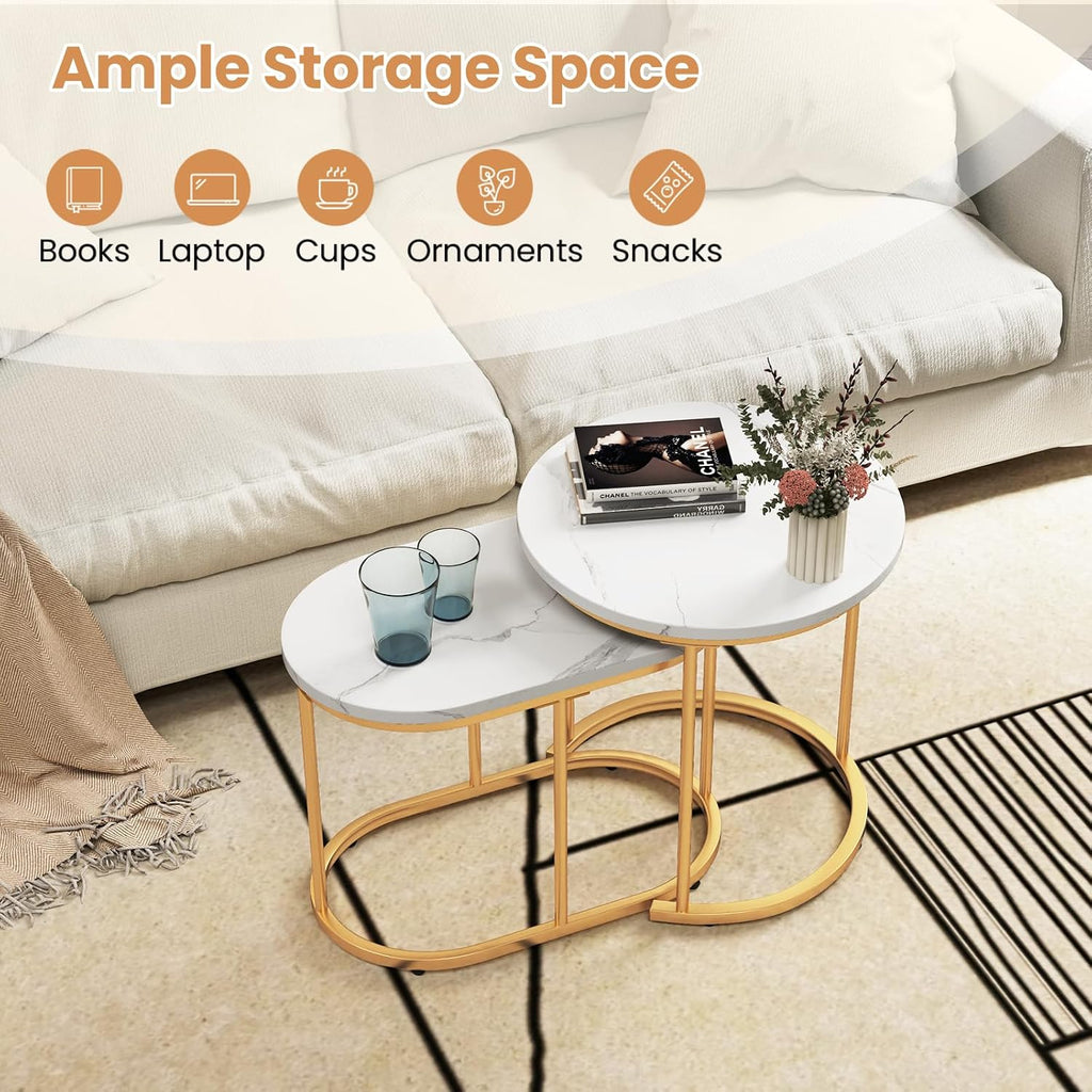 CASART Set of 2 Nesting Tables, Faux Marble Stacking Sofa Side Tables 2PCS Round Coffee Table, Wooden Top & Steel Frame, Space Saving Accent Tea Tables for Living Room Bedroom Office (Marble+Golden)