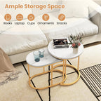 CASART Set of 2 Nesting Tables, Faux Marble Stacking Sofa Side Tables 2PCS Round Coffee Table, Wooden Top & Steel Frame, Space Saving Accent Tea Tables for Living Room Bedroom Office (Marble+Golden)