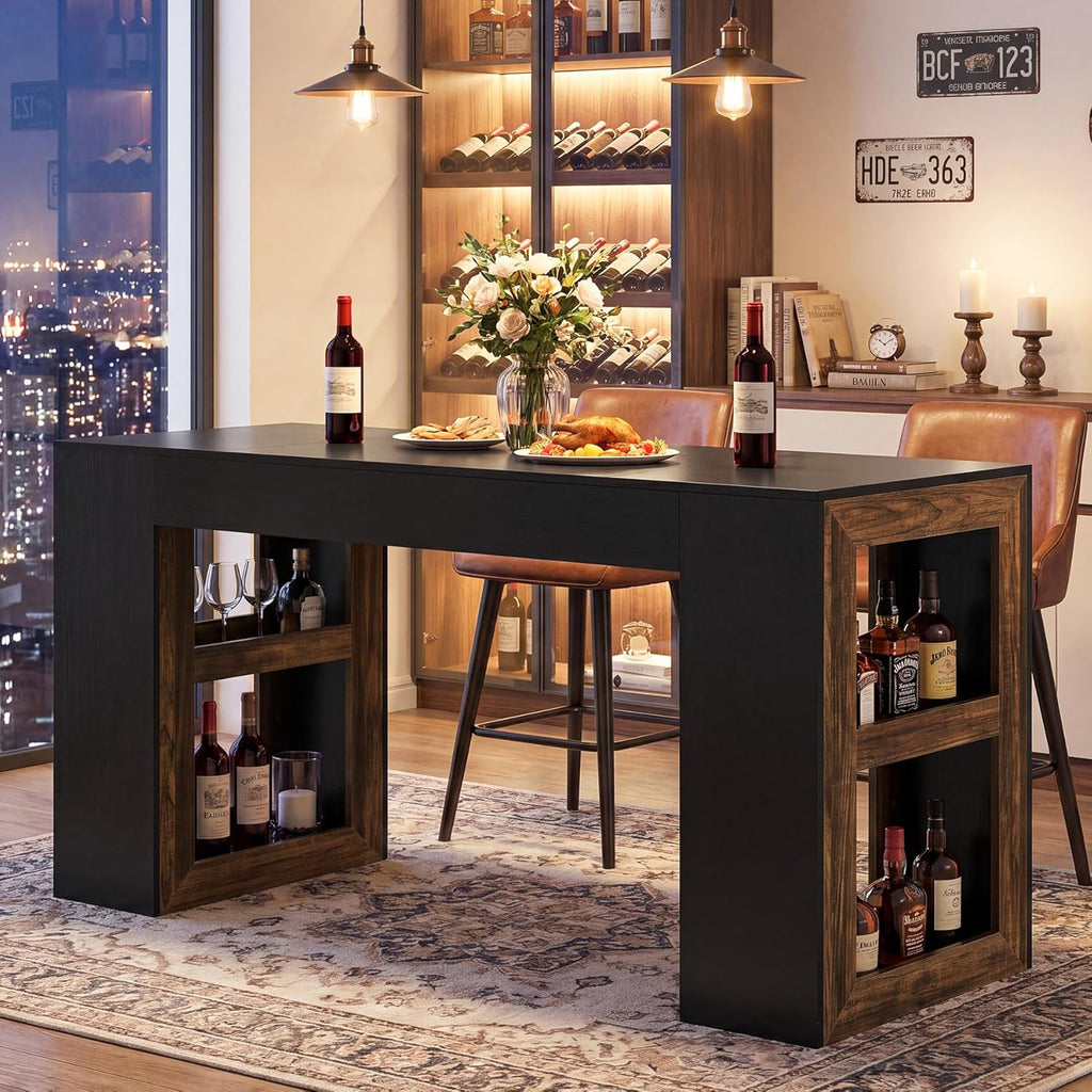 Tribesigns 63" Bar Table, Rectangular Counter Height Pub Table with Storage Shelves, Industrial Home Bar Units for Dining Room, Kitchen, Bistro, Restaurant, Black & Brown