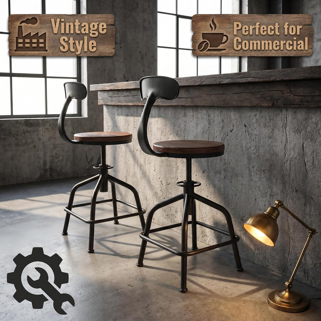 Topower Farmhouse Kitchen Stool, Industrial Counter Stool, Kitchen Deco Round Seat Standard Height Adjustable Swivel Bar Stools with Backrest Indoor House Design Iron Backrest Black Set of 2