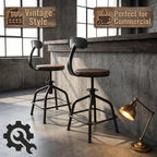 Topower Farmhouse Kitchen Stool, Industrial Counter Stool, Kitchen Deco Round Seat Standard Height Adjustable Swivel Bar Stools with Backrest Indoor House Design Iron Backrest Black Set of 2