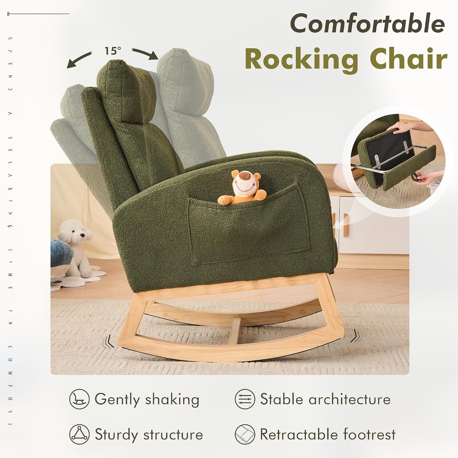 FOXHUNTER Rocking Chair for Nursery with High Backrest & Foot Rest-Nursery Rocking Chairs with Side Storage Pocket for Breastfeeding,Modern Glider Chair for Baby Bedroom,Living Room,Teddy, Green