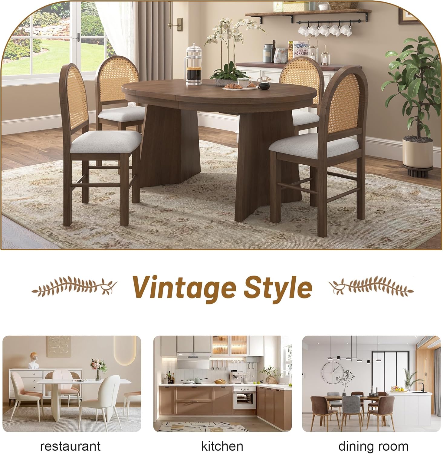 Harper & Bright Designs 5-Piece Extendable Round Dining Table Set for 4, Modern Kitchen Table Set with 4 Upholstered Chairs, Kitchen Table and Chairs Set for Kitchen Dining Room Home, Walnut+Beige