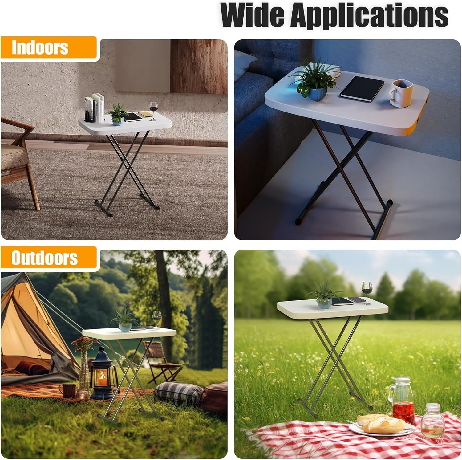 Adjustable Folding Laptop Table TV Tray, Multi-Functional Sturdy Durable Personal Table, No-Assembly Portable, for Home Office Writing, Picnic, Party, White