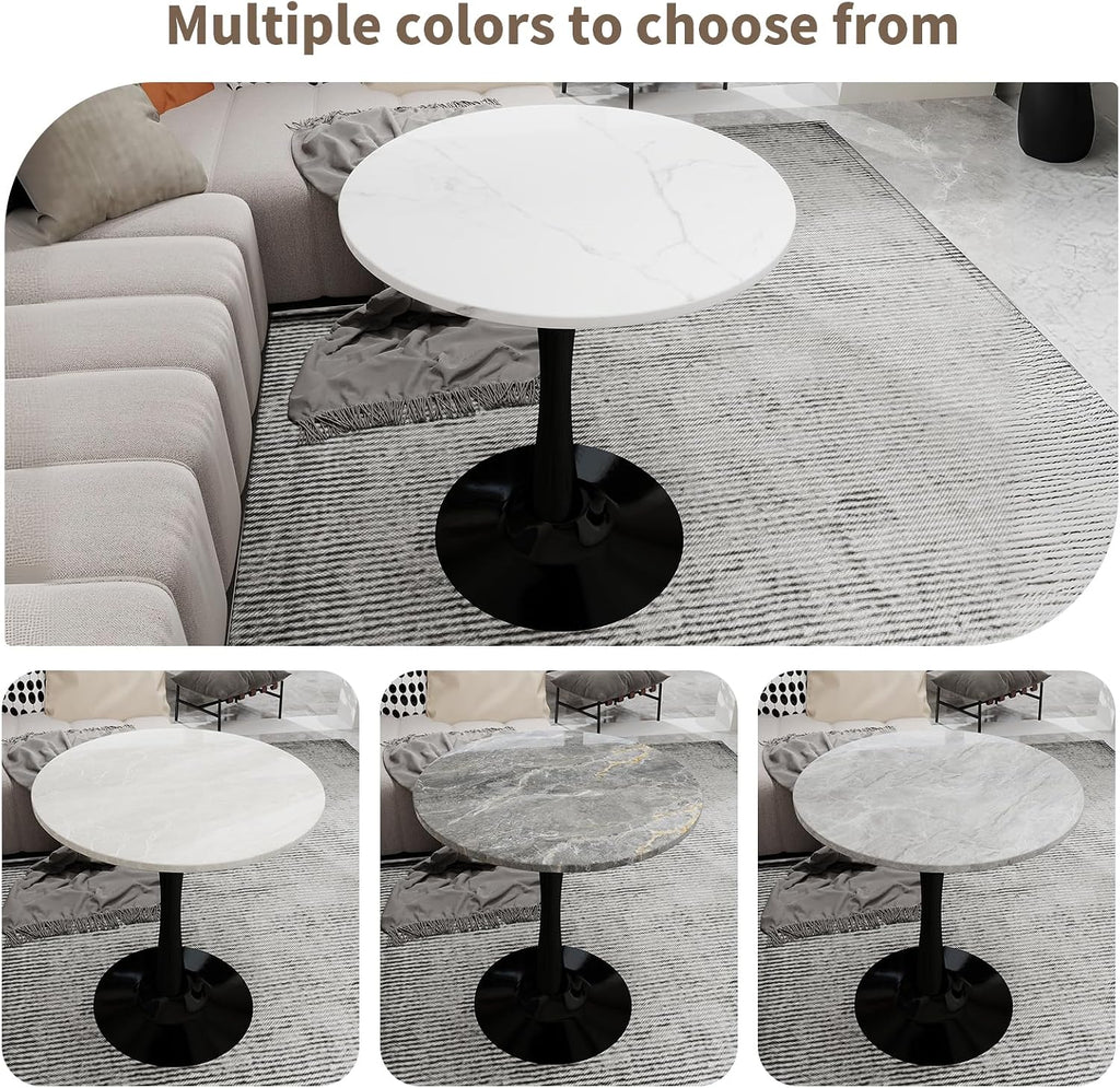 27.5" Round Side Table - White Marble Top with Tapered Pedestal Base, Modern Minimalist End Table for Living Room, Coffee Table with Sturdy Design, Easy to Clean,Black Base
