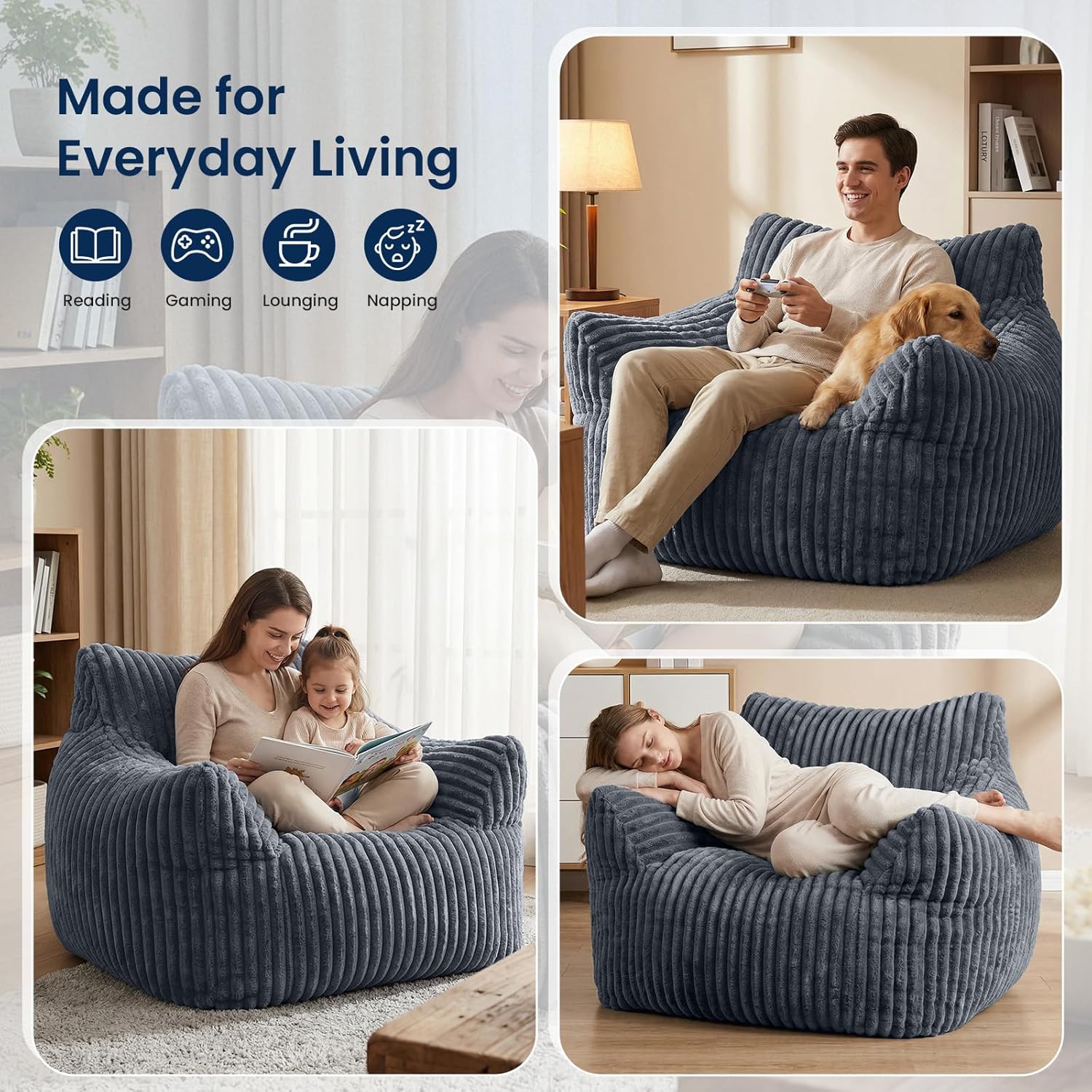 Giant Bean Bag Chair for Adults, Fluffy Supportive Boneless Lounge Sofa Chair, Superior Large Reading Floor Stuffed Sofa Bed, Oversized Accent Comfy Couch for Living Room, Bedroom, Study, Dorm (Grey)