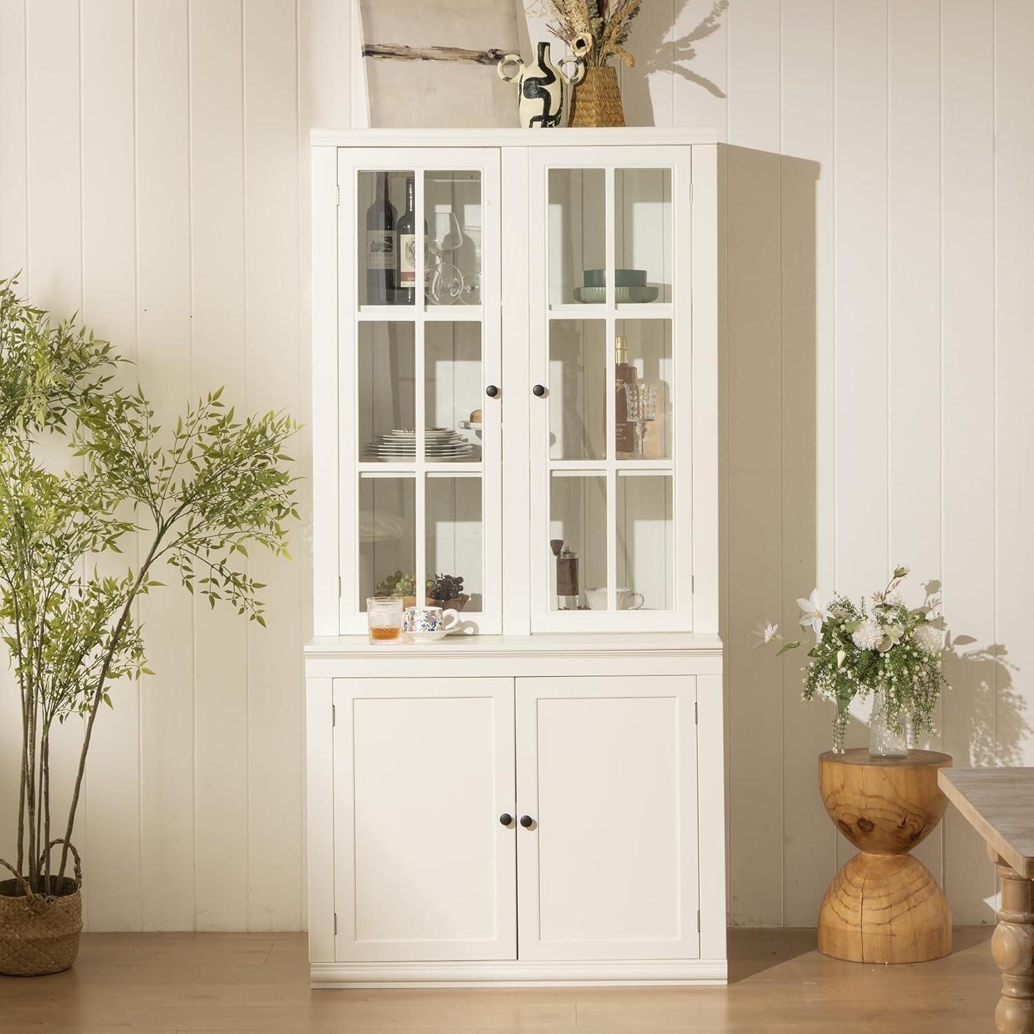 Virubi 75'' Tall China Hutch Cabinet with Glass Doors, Kitchen Pantry Storage with Adjustable Shelves, Coffee Bar Hutch for Kitchen Living Room Bar, White