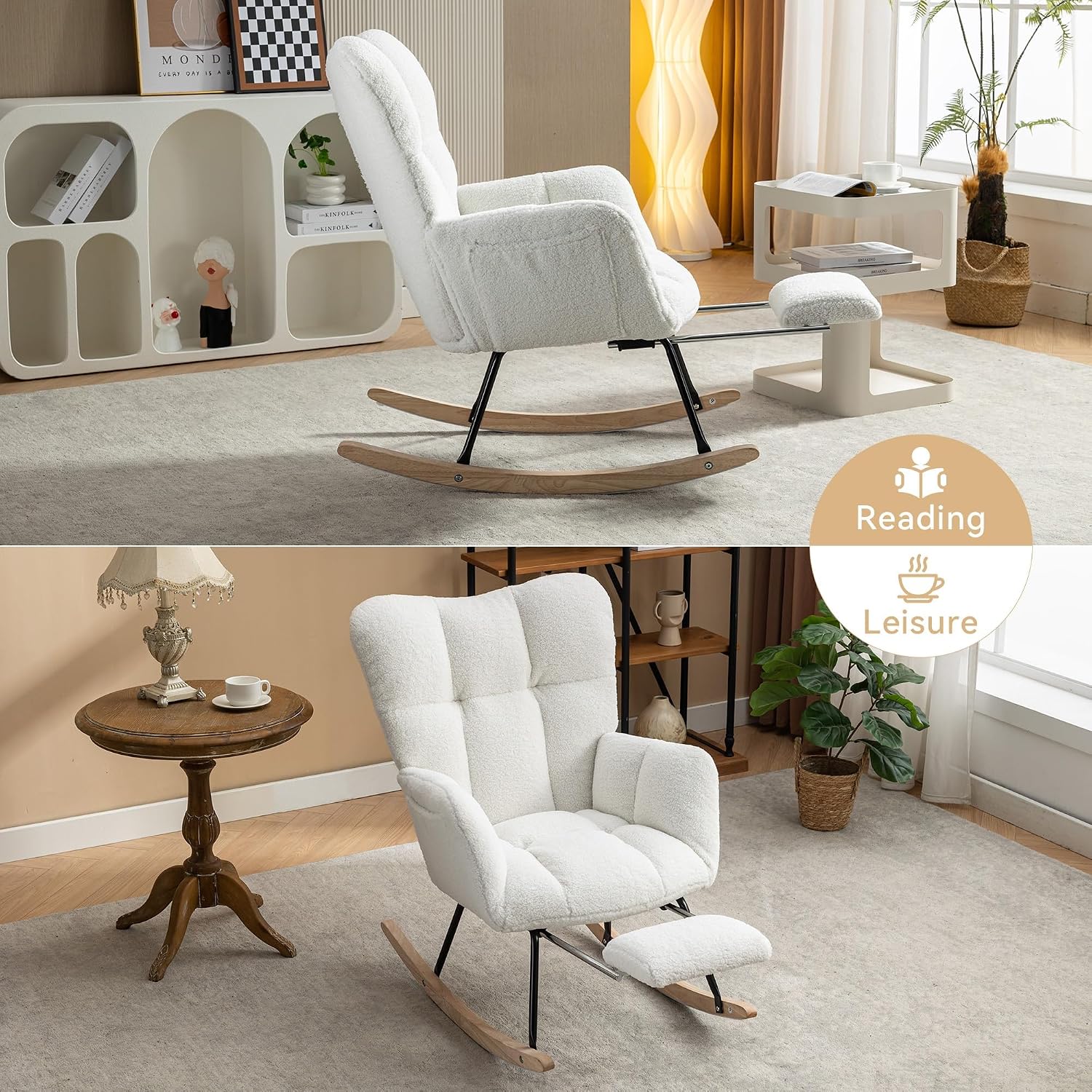 Teddy Fabric Leisure Rocking Chair with Adjustable Footstool – High Backrest Nursery Rocking Chair in Ivory, Solid Wood & Metal Base for Living Room, Bedroom & Baby Room