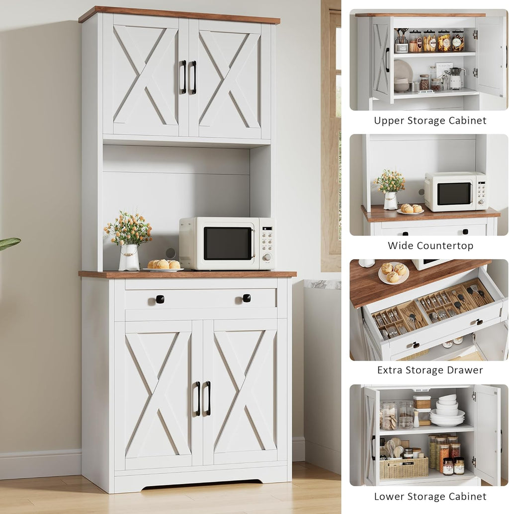 GarveeLife 71" Pantry Cabinet with Charging Station, Tall Kitchen Pantry Storage Cabinet with Microwave Stand, Large Farmhouse Kitchen Hutch with Cabinet Doors & Drawer for Living Room, Dining Room