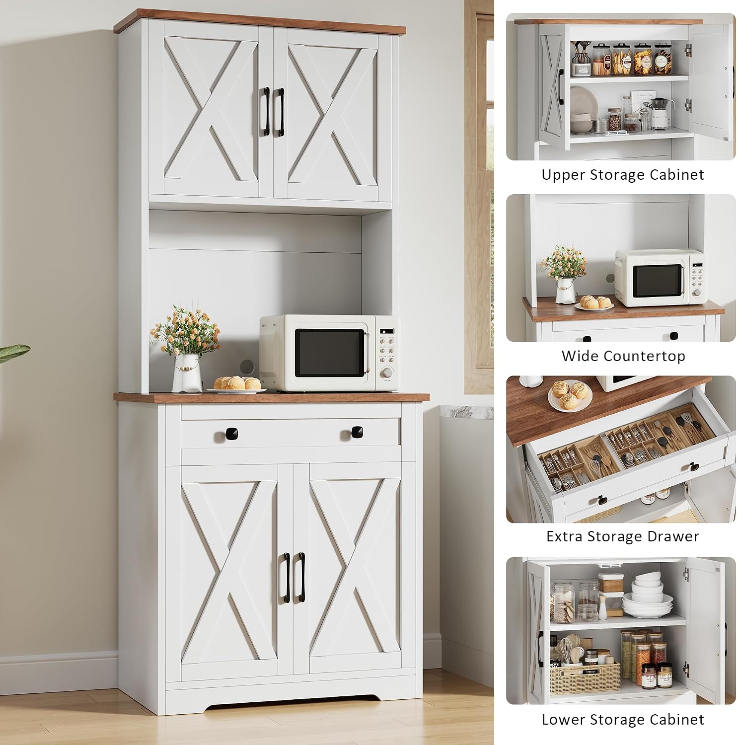 IDEALHOUSE 71" Pantry Cabinet with Charging Station, Tall Kitchen Pantry Storage Cabinet with Microwave Stand, Large Farmhouse Kitchen Hutch with Cabinet Doors & Drawer for Living Room, Dining Room