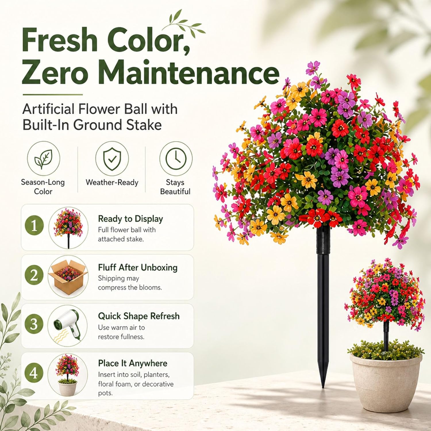 Artificial Petunias with Ground Stake, 18 Inch Artificial Flowers for Outdoors Stick in Ground, Lifelike Faux Flowers for Garden, Yard, Planter, Porch, Indoor Outdoor Home Decor (8 PCS)